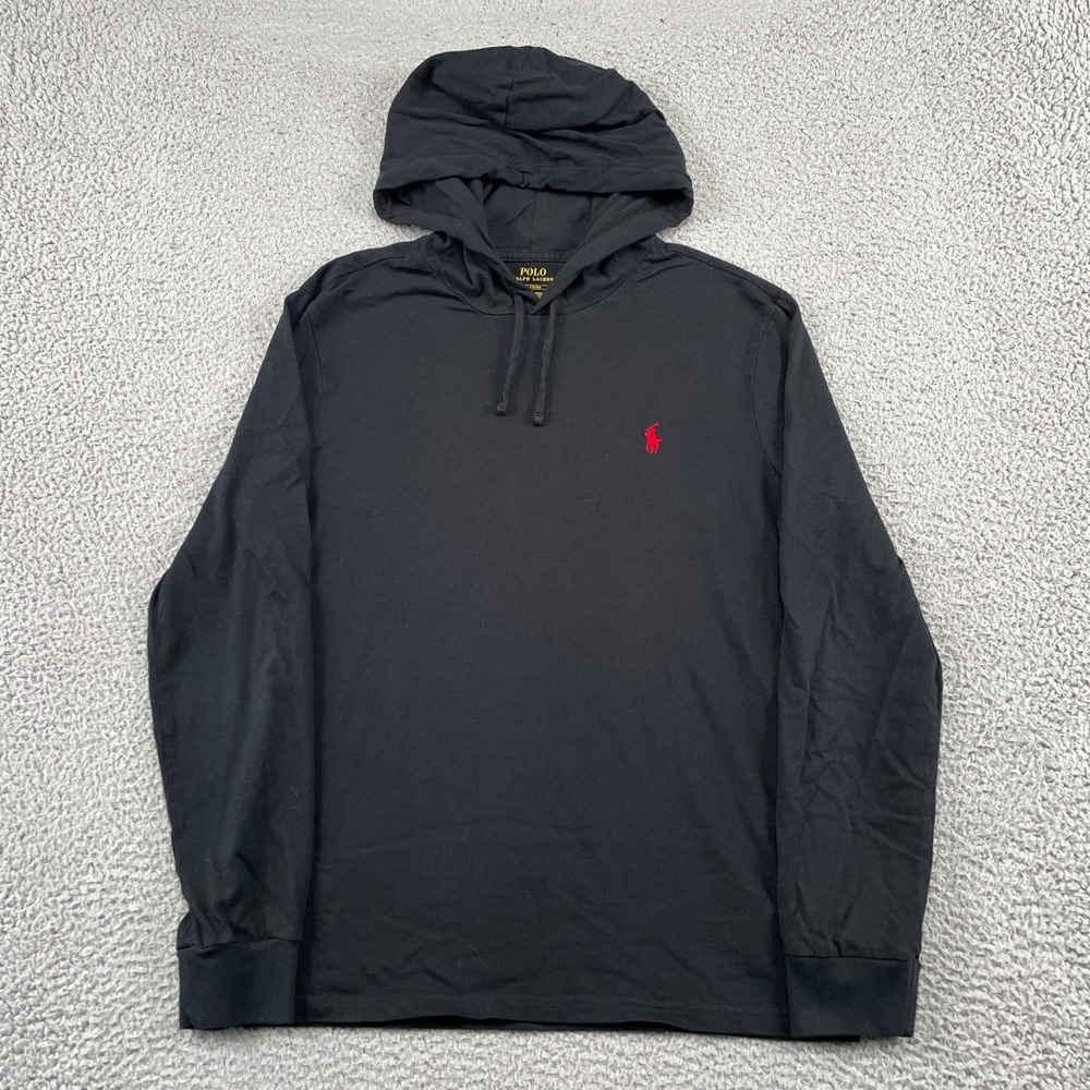 Polo Ralph Lauren Hoodie Mens M Black Pony Logo Lightweight Cotton Pullover